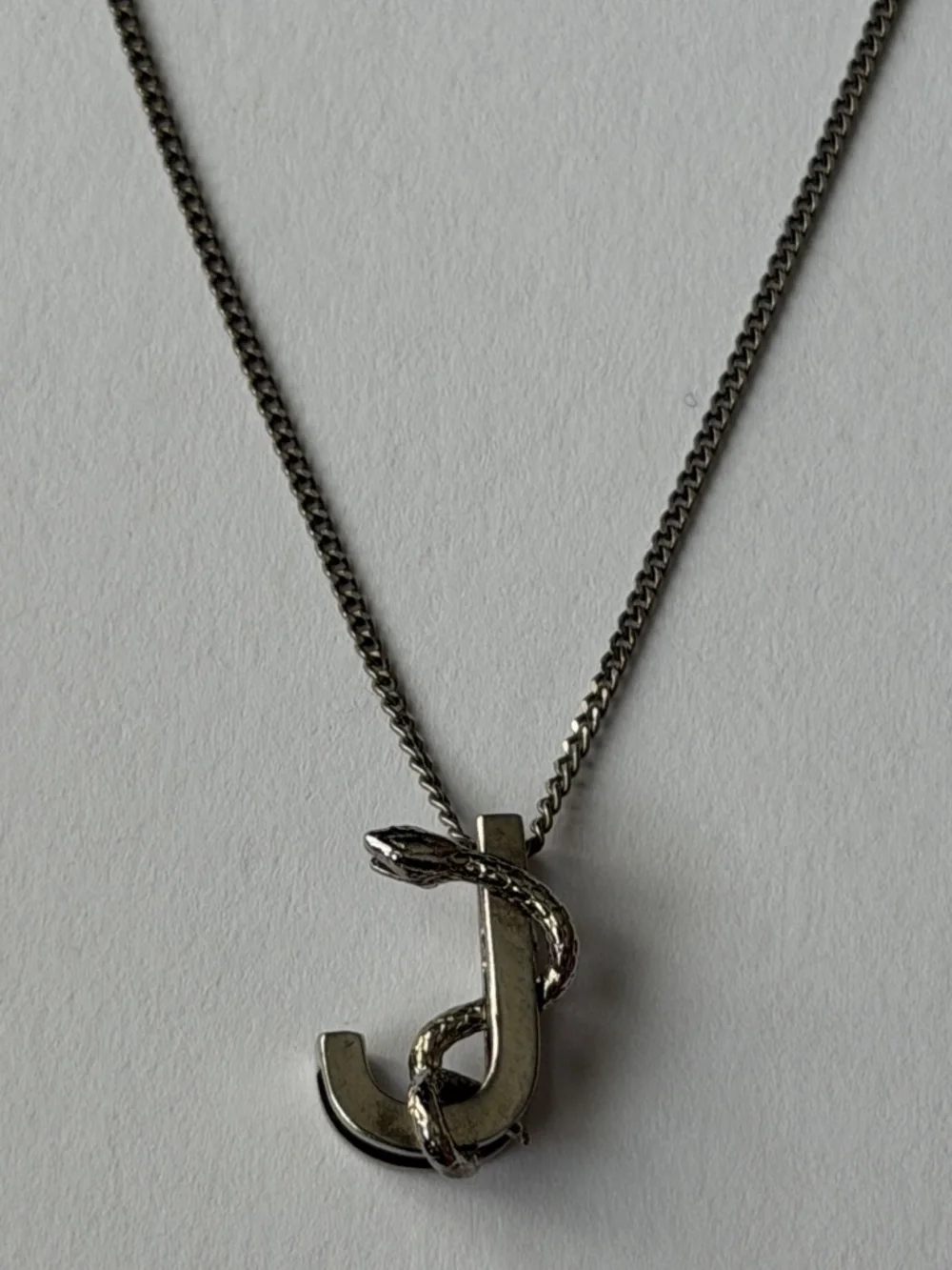 Saint Laurent YSL Sterling Silver J Initial Letter Snake Pendant Chain Necklace